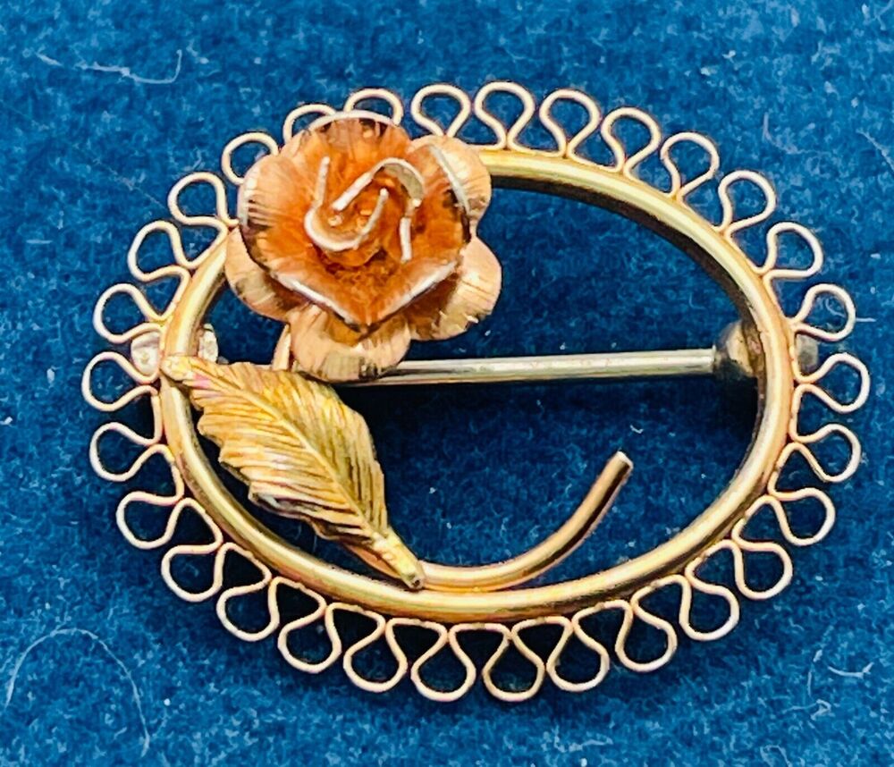 Krementz Rose Circle Pin Petite Filigree Brooch Gold Plated Signed 2 Tone Floral
